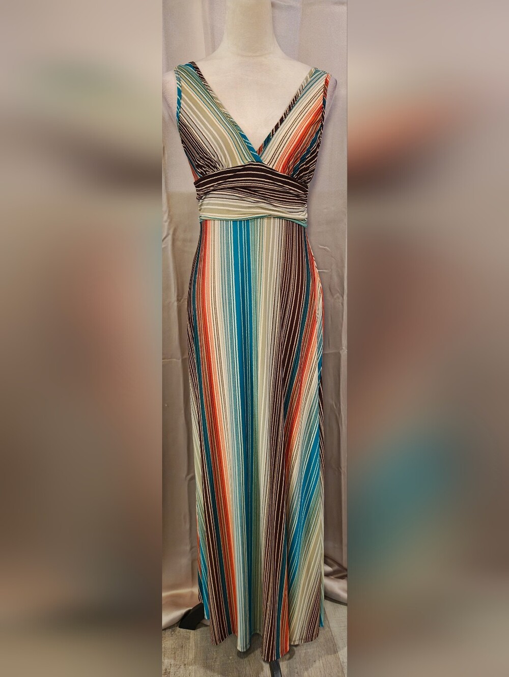 Body Central Striped Maxi Dress in Teal, Orange, Brown & Cream